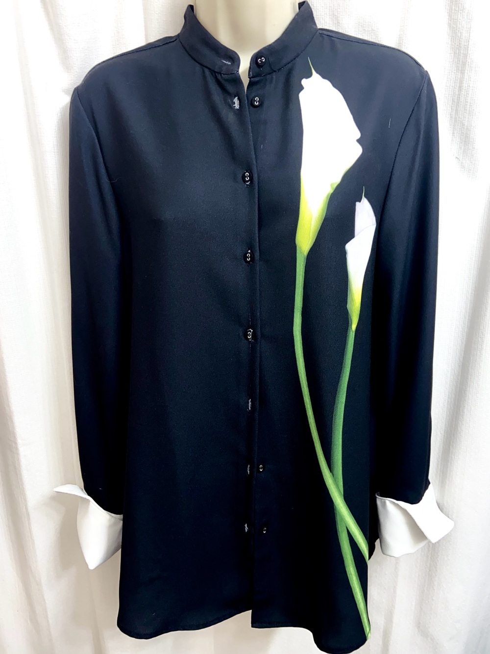 Victoria Beckham Black Button-Front Blouse with White Calla Lily Motif
